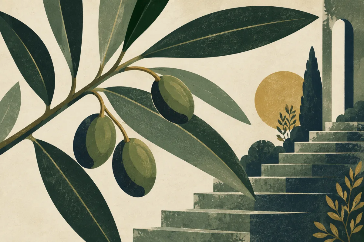Ilustração em estilo gráfico: degraus de pedra gastos em subida, em tons de verde musgo e verde salvia.