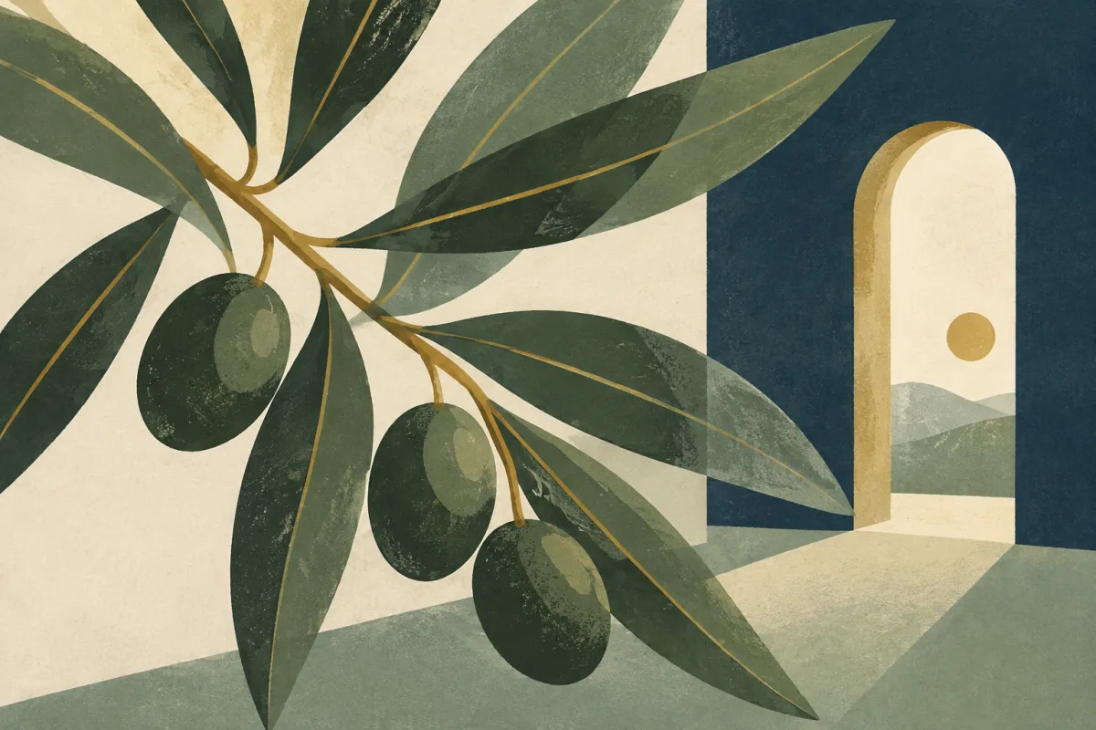 Ilustração em estilo gráfico: uma porta simples com luz além dela, em tons de verde musgo e verde salvia.