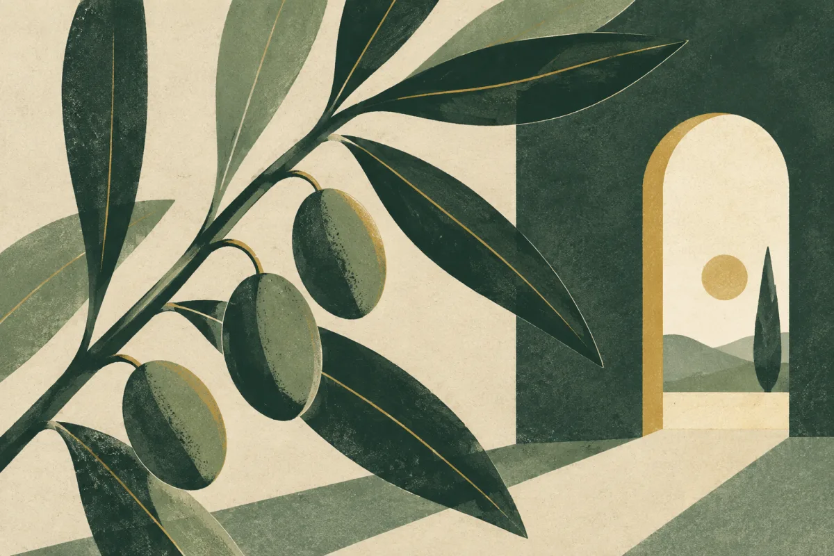 Ilustração em estilo gráfico: uma porta simples com luz além dela, em tons de verde musgo e verde salvia.