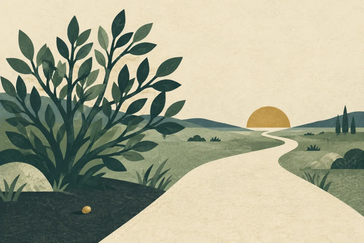 Ilustração em estilo gráfico: uma semente de mostarda ao lado de um arbusto grande e ramificado, em tons de verde musgo e verde salvia.
