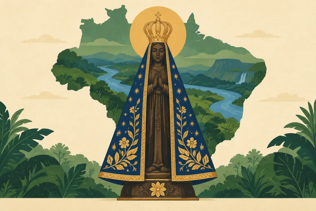 Ilustração editorial de Nossa Senhora Aparecida, com manto azul e coroa dourada, diante do mapa do Brasil em verde e azul.