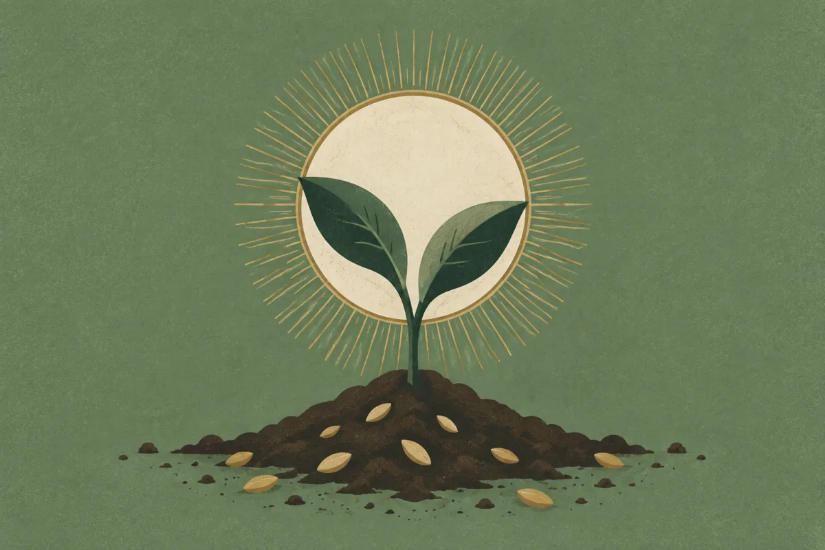 Ilustração em estilo gráfico: sementes espalhadas sobre terra arada, em tons de verde musgo e verde salvia.
