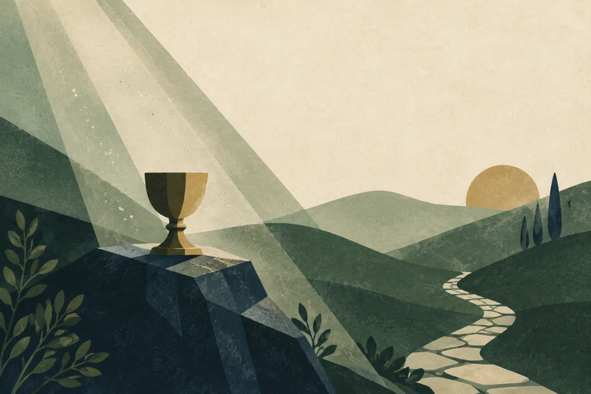 Ilustração em estilo gráfico: um caminho estreito de pedra serpenteando entre colinas, em tons de verde musgo e verde salvia.