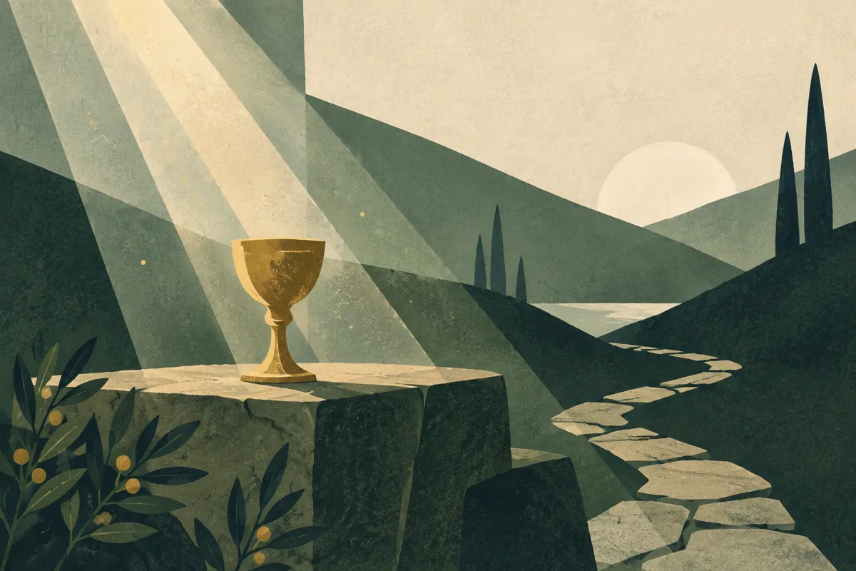 Ilustração em estilo gráfico: um caminho estreito de pedra serpenteando entre colinas, em tons de verde musgo e verde salvia.